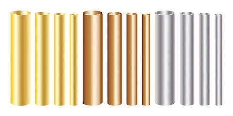 Gold, copper and silver aluminium pipes set of different diameters. Industrial concept. Vector illustration. Stock image.