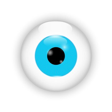 Realistic blue eyeball icon. Illustration close up on white backdrop. Hand drawn. Vector illustration. Stock image.