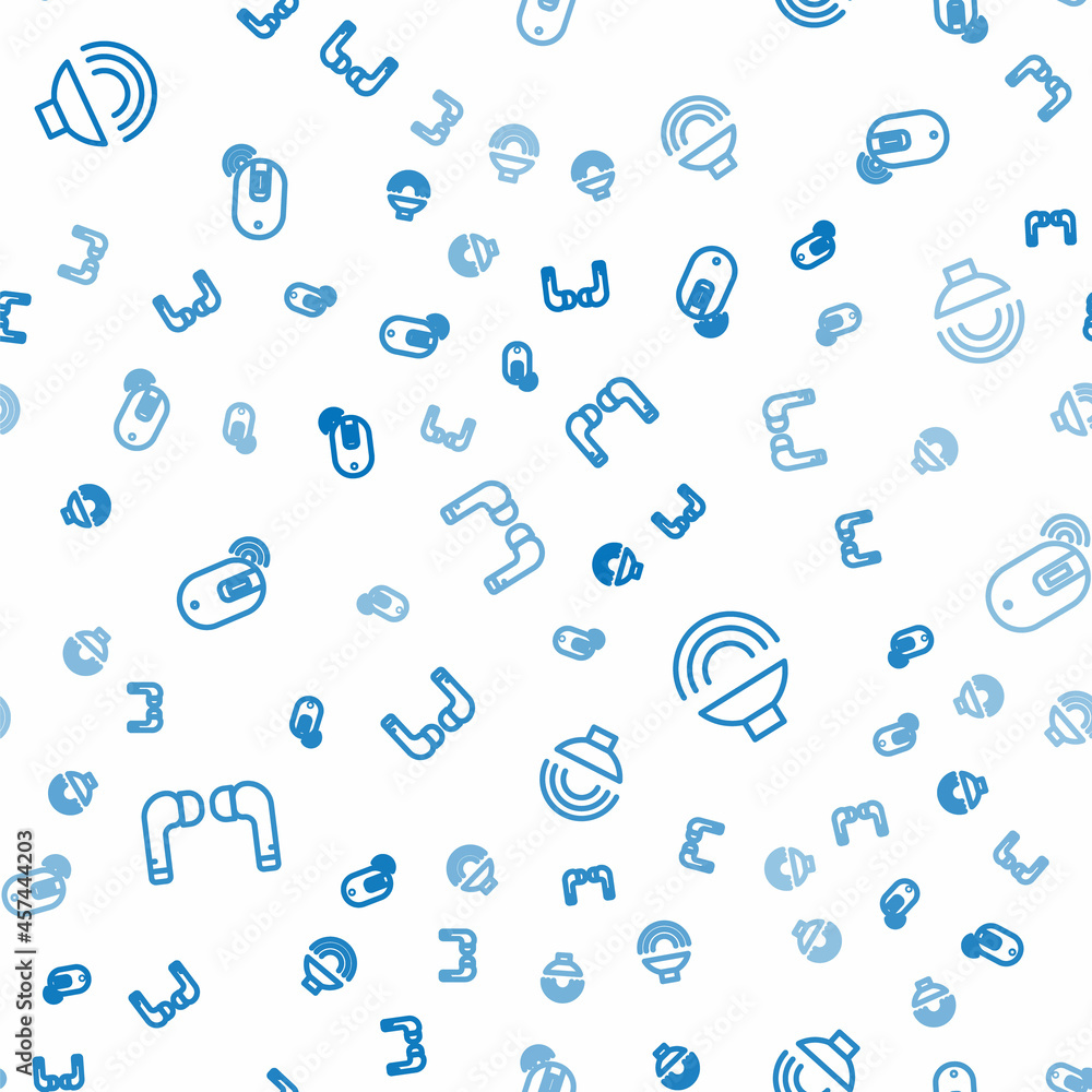 Poster set line air headphones, speaker volume and wireless computer mouse on seamless pattern. vector