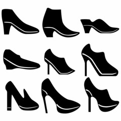 A set of nine silhouettes of women's shoes for games, websites, design and more.