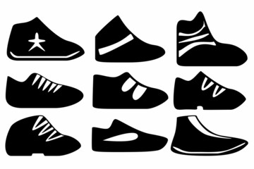 A set of nine silhouettes of women's shoes for games, websites, design and more.
