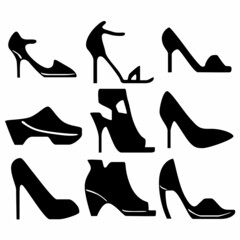 A set of nine silhouettes of women's shoes for games, websites, design and more.