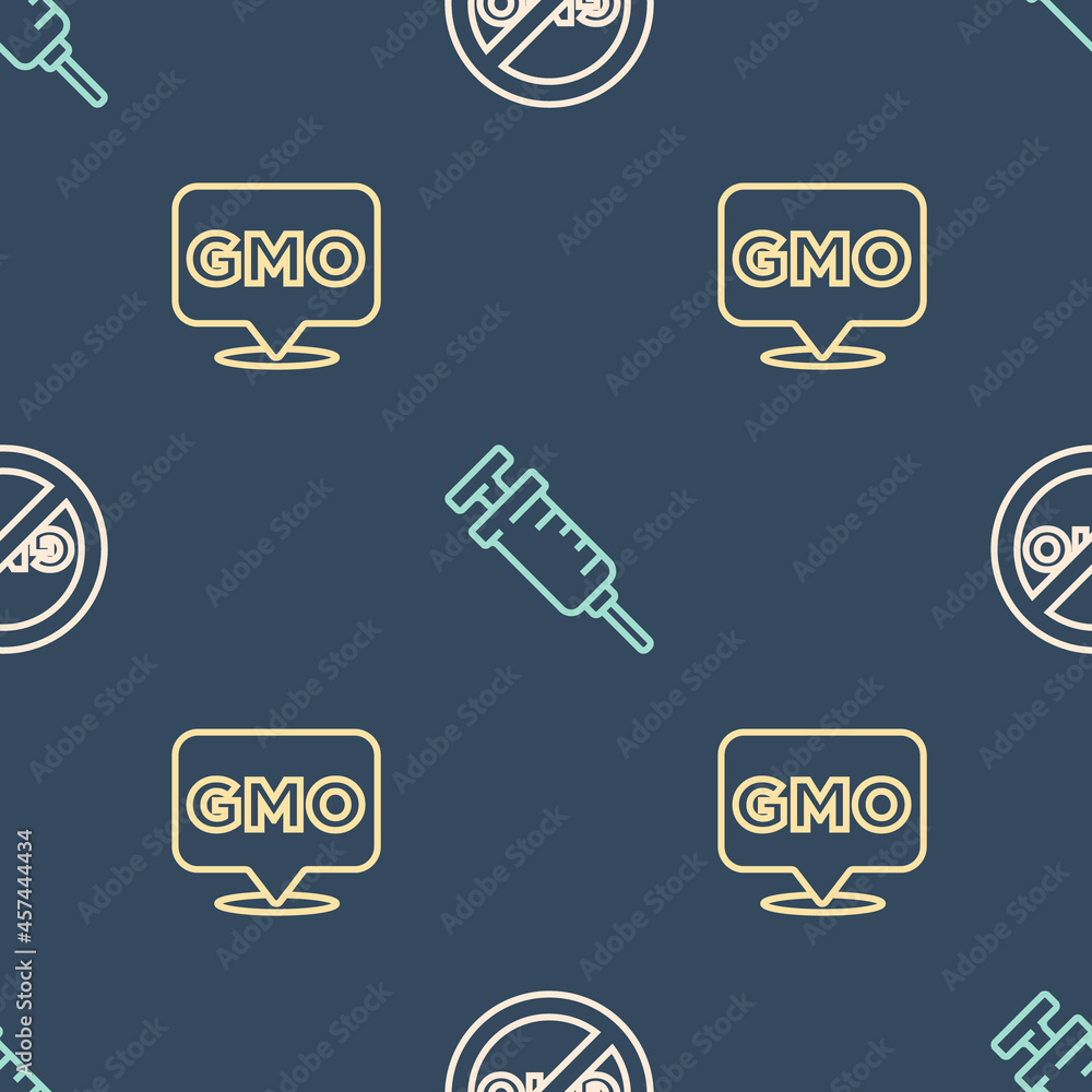 Poster set line no gmo, and syringe on seamless pattern. vector
