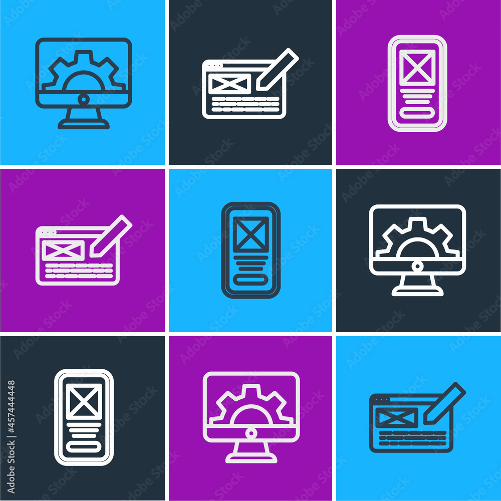 Poster set line web development, ui or ux design and icon. vector