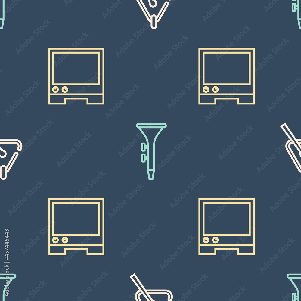 Poster set line triangle, voice assistant and drum and drum sticks on seamless pattern. vector