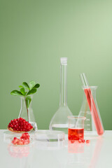 Science bio skincare cream serum product with pomegranate. Natural organic beauty cosmetics concept.