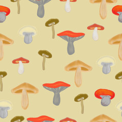 Seamless pattern with mushrooms. The composition for the design of the fabric. An illustration for a holiday, a party and invitations. Decoration for the interior. Autumn drawing.