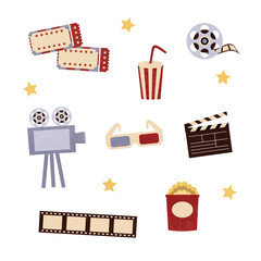 Cinema set. Film, 3d glasses, popcorn, old cinema projector, retro tickets, beverage, movie сlapperboard, stars  