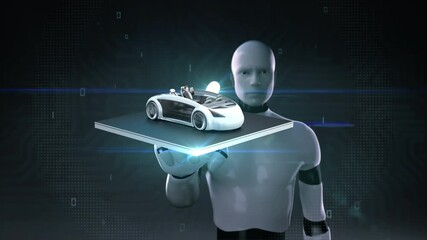 Robot touches front. A businessman working on a tablet in an unmanned electric vehicle on the road. 4k animation. 1.