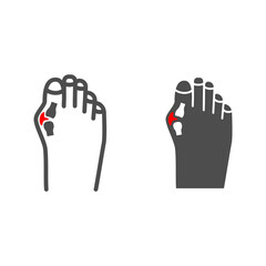 Pain in big toe joint line and solid icon, body pain concept, bunion vector sign on white background, outline style icon for mobile concept and web design. Vector graphics. - obrazy, fototapety, plakaty