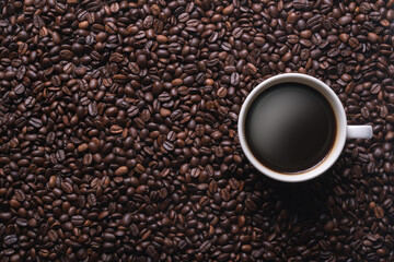 The coffee is in a white cup surrounded by many coffee beans, with copy space.