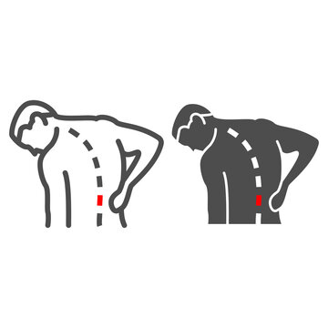 Lower back hurts line and solid icon, body pain concept, spinal pain vector sign on white background, outline style icon for mobile concept and web design. Vector graphics.