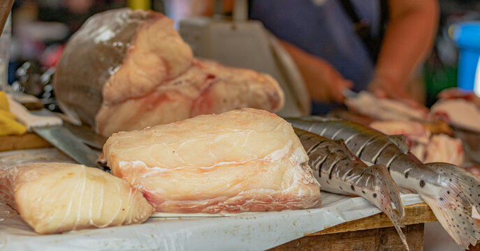 venta de carne de pescado Doncella (Pseudoplatystoma punctifer) en el mercado de Yurimaguas, Loreto