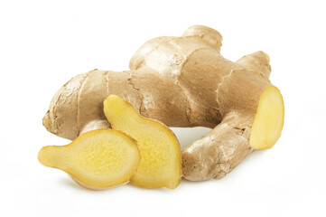 Ginger root with slices on white background