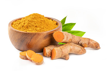 Turmeric powder in wooden bowl with root and leaves isolated on white background. Spicy and herbs
