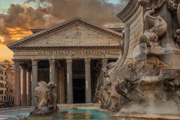 Fountain at the Pantheon, a monument of history and architecture of ancient Rome. 
