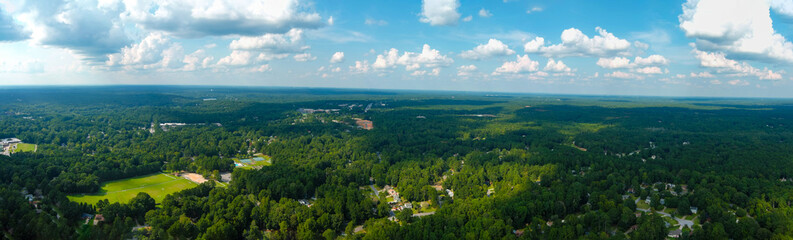 a stunning aerial panoramic shot of vast miles of lush green trees with blue sky and clouds in the...