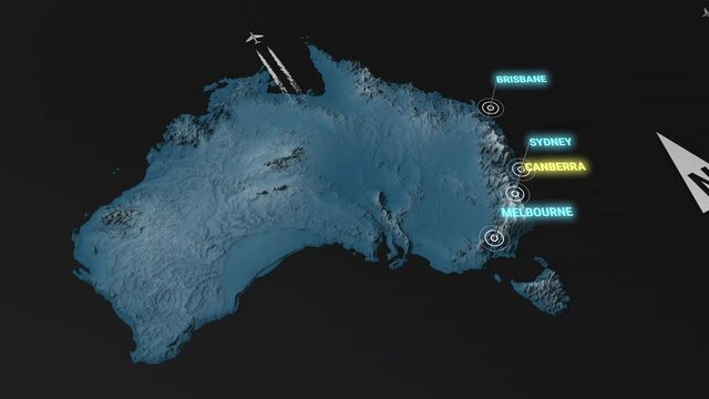 Seamless looping animation of the 3d terrain map at nighttime of Australia with the capital and the biggest cites in 4K resolution