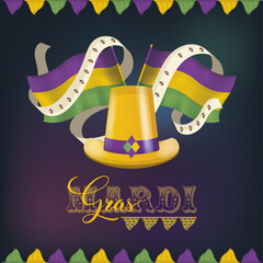 Pair of flags and a golden hat colored mardi gras poster © lar01joka