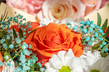 Bright beautiful bouquet red, yellow and pink of roses close up