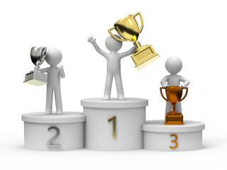 3d people reward gold,silver, bronze trophy