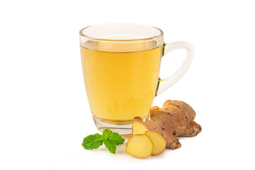 Glass cup of hot ginger tea with ginger slices on white background.