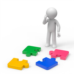 Confused 3d man with puzzle pieces.