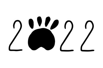 Hand drawn text 2022 with tiger's paw. Doodle black illustration. 