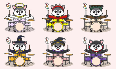 Vector illustration of cute Wolf play Drum. Wolf character vector design. Good for label, sticker, clipart.
