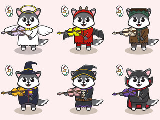 Obraz premium Vector illustration of cute Wolf play Violin. Wolf character vector design. Good for label, sticker, clipart.