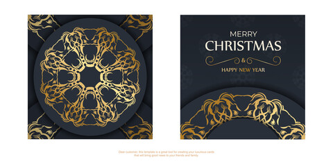 Merry Christmas and Happy New Year flyer template in dark blue color with vintage blue pattern