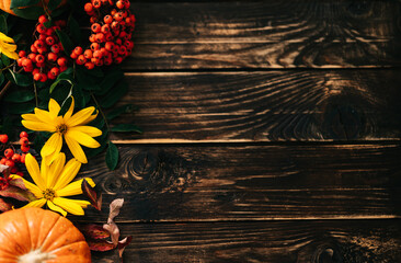 Autumn leaves. ashberry. yellow flowers and a pumpkin on an old wooden background with space for copying