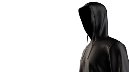 Naklejka na ściany i meble Anonymous hacker with black toon color hoodie in shadow under white lighting background. Dangerous criminal concept image. 3D CG. 3D illustration. 3D high quality rendering.