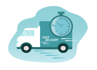 vector illustration on the theme of fast delivery. the truck is racing and the stopwatch. trend illustration in flat style