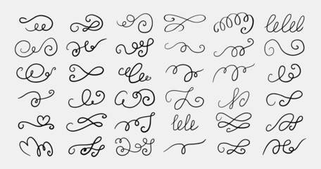 Set of different hand drawn flourish swirl ornate decoration elements. Decorative black ink pen curled lines collection