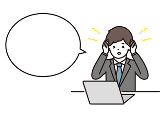 ノートパソコンの前で頭痛・耳鳴りに悩むビジネスマン 吹き出し