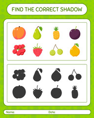 Find the correct shadows game with fruits. worksheet for preschool kids, kids activity sheet