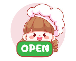 Cute girl chef holding green open sign banner logo cartoon art illustration