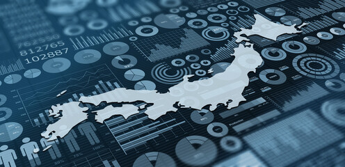円グラフや棒グラフの様々なビジネス資料と日本地図、日本のデータイメージ