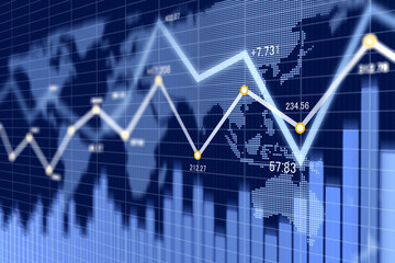 棒グラフと折れ線グラフのビジネス資料と世界地図、財務グラフ、金融チャート