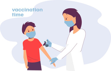 A doctor in a mask vaccinates a child, a boy from covid-19, the boy will be healthy, vaccination time
