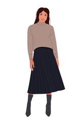The model girl is smiling in a turtleneck and a long skirt with shoes