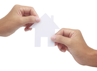 Hands holding paper house, family home  protecting insurance concept