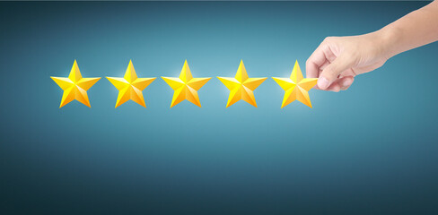 Obraz premium Hand of touching rise on increasing five stars. Increase rating evaluation