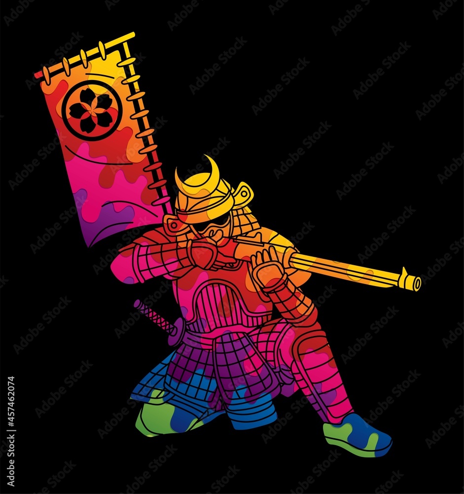 Wall mural Samurai Warrior or Ronin Japanese Fighter Action with Armor and Weapon Cartoon Graphic Vector