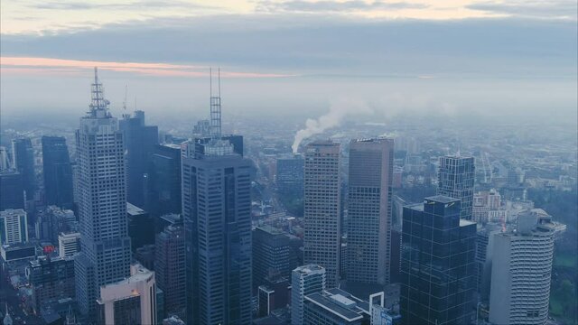 Melbourne City Aerial east end morning fog