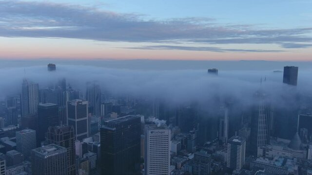 Melbourne City Aerial foggy sunrise