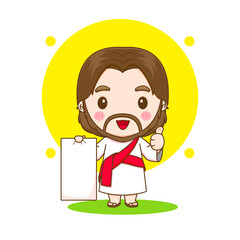 Cute Jesus posing thumb up with empty paper chibi cartoon character