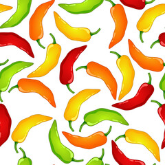 Red, Green, Yellow Pepper vector seamless pattern. Mexican chili spicy vegetable. Hot paprika texture.