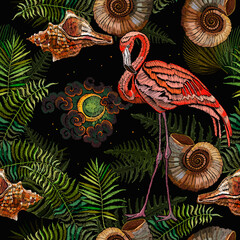 Embroidery pink flamingo, night sky and tropical palm leaves seamless pattern. Summer jungle art. Fashion template for clothes, textiles, t-shirt design